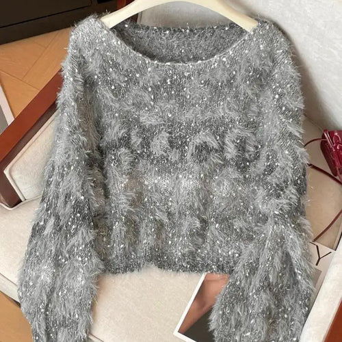 Load image into Gallery viewer, Autumn Winter 2025 Grey Patchwork Elegant Pullover Fashion Short Sweater Women Orange Long Sleeve Knitwear Warm Tops Streetwear
