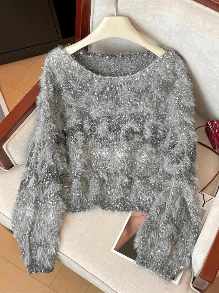 Autumn Winter 2025 Grey Patchwork Elegant Pullover Fashion Short Sweater Women Orange Long Sleeve Knitwear Warm Tops Streetwear