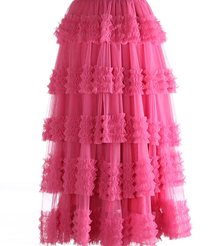 High Elastic Waist Rose Red Mesh Layers Elegant Ball Gown Half-body Skirt Women Fashion New Spring Autumn 2025 1DJ1272