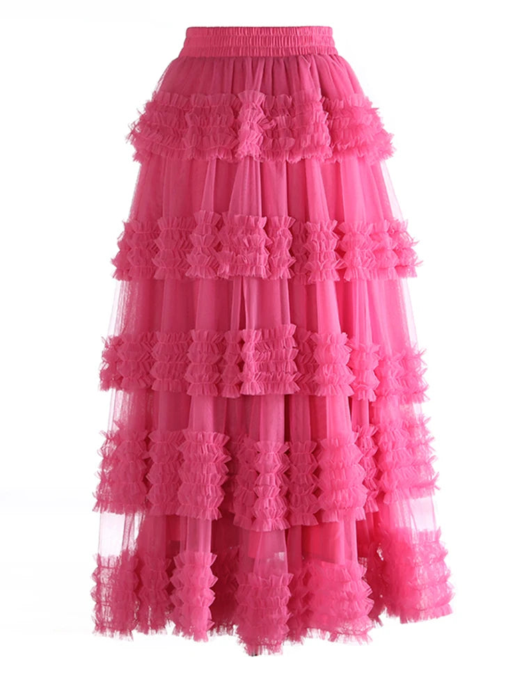 High Elastic Waist Rose Red Mesh Layers Elegant Ball Gown Half-body Skirt Women Fashion New Spring Autumn 2025 1DJ1272