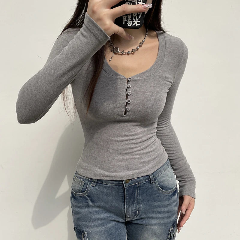 Harajuku Grey Knit Autumn T shirt Female Solid Fitness Buttons Long Sleeve Top Casual All-Match Spring Tee Shirts New