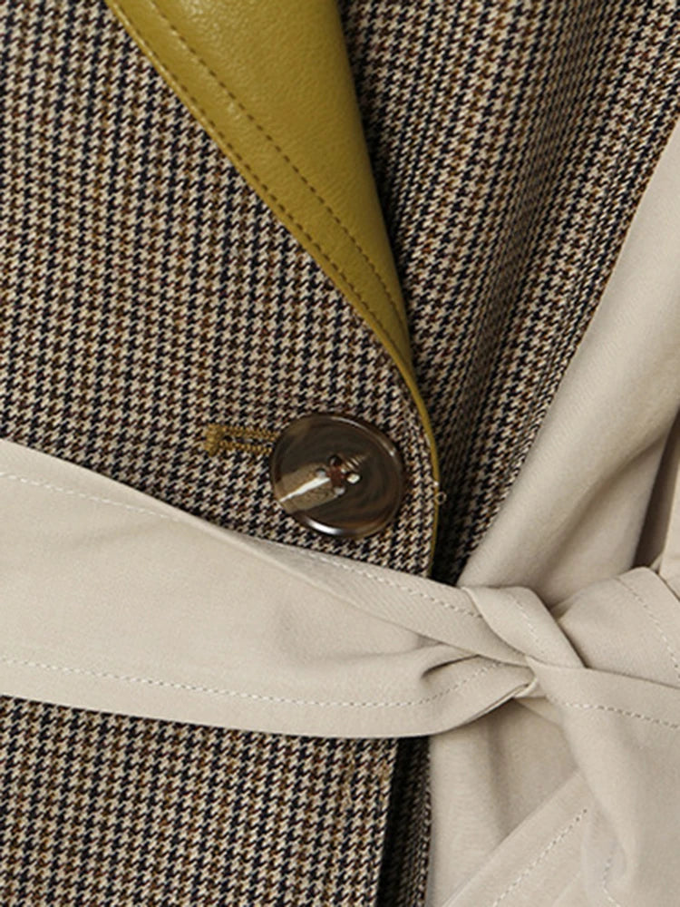 Women Champagne Leather Plaid Big Size Trench New Lapel Long Sleeve Windbreaker Fashion Tide Spring Autumn 2025 1DF0725