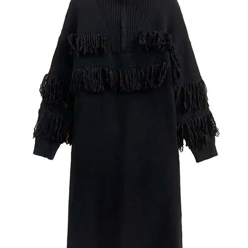 Load image into Gallery viewer, Women Black Tassels Knitting Big Size Midi Dress New Turtleneck Long Sleeve Loose Fit Fashion Spring Autumn 2025 1DH1601
