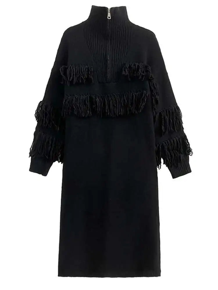 Women Black Tassels Knitting Big Size Midi Dress New Turtleneck Long Sleeve Loose Fit Fashion Spring Autumn 2025 1DH1601