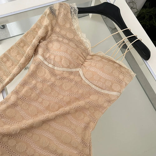 Load image into Gallery viewer, French Retro Women Khaki Lace Slim Backless Mini Dress Autumn Winter Off Shoulder Sexy Club Long Sleeved Short Dress Fashion New
