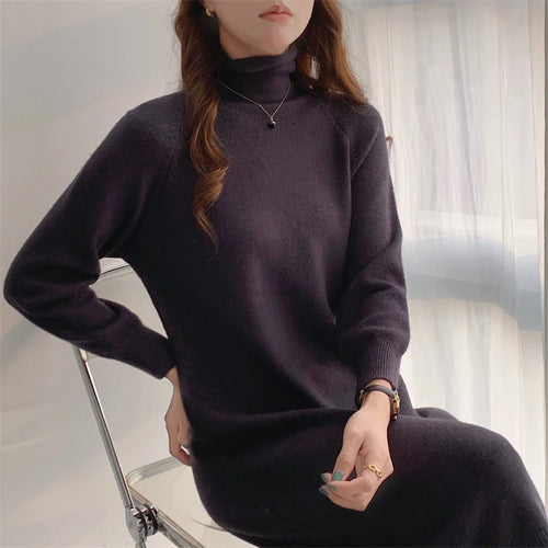 Load image into Gallery viewer, Autumn Winter 2023 New Solid High Neck Casual Loose Knitted Dresses Women Straight Long Sleeve Sweater Dress Popular Simplicity
