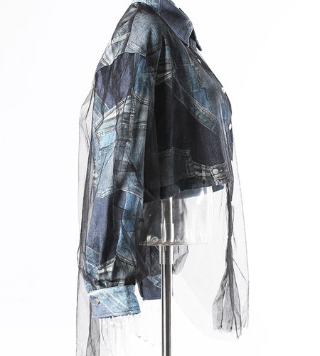 Blue Denim Printed Mesh Big Size Casual Jacket New Lapel Long Sleeve Women Coat Fashion Tide Spring Autumn 2025 7AB9030