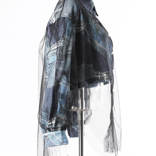 Load image into Gallery viewer, Blue Denim Printed Mesh Big Size Casual Jacket New Lapel Long Sleeve Women Coat Fashion Tide Spring Autumn 2025 7AB9030

