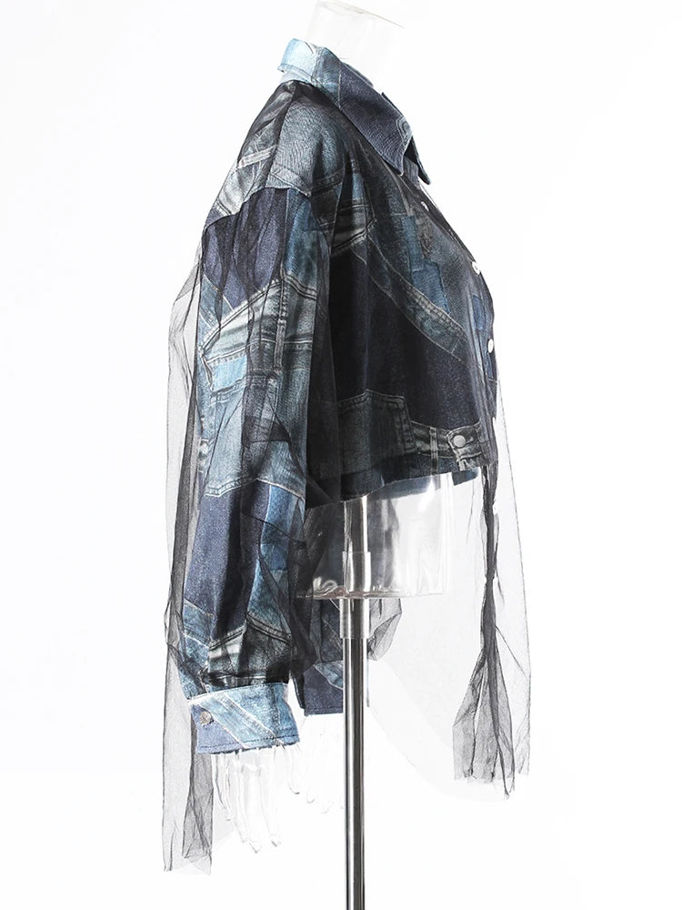 Blue Denim Printed Mesh Big Size Casual Jacket New Lapel Long Sleeve Women Coat Fashion Tide Spring Autumn 2025 7AB9030