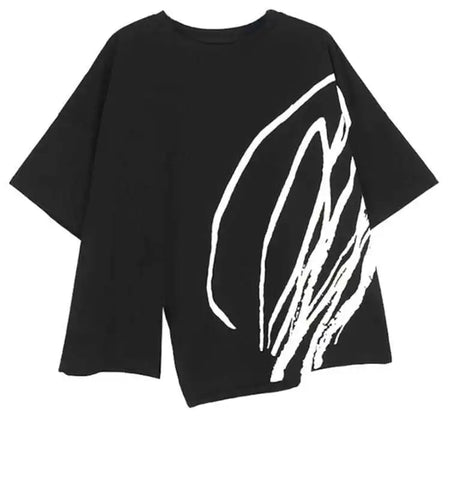 Women Black Printed Irregular Hem Big Size Casual T-shirt New Round Neck Short Sleeve Fashion Spring Summer  2025 1DH4942