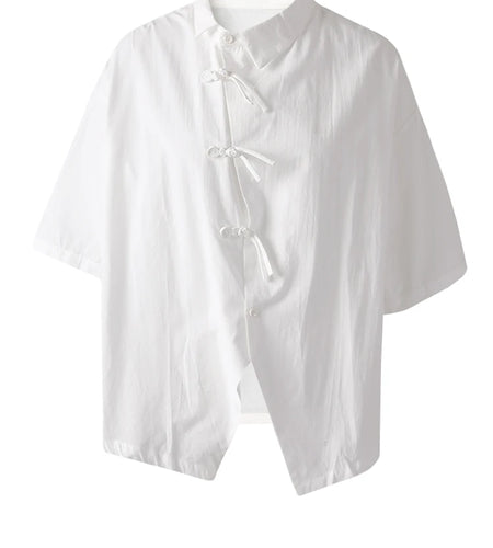 Women White Buckle Irregular Thin Big Size Blouse New Lapel Short Sleeve Shirt Fashion Tide Spring Summer 2025 CPG3164