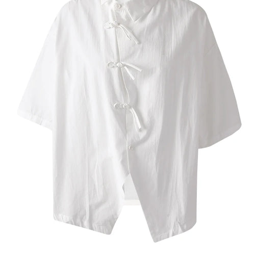 Load image into Gallery viewer, Women White Buckle Irregular Thin Big Size Blouse New Lapel Short Sleeve Shirt Fashion Tide Spring Summer 2025 CPG3164
