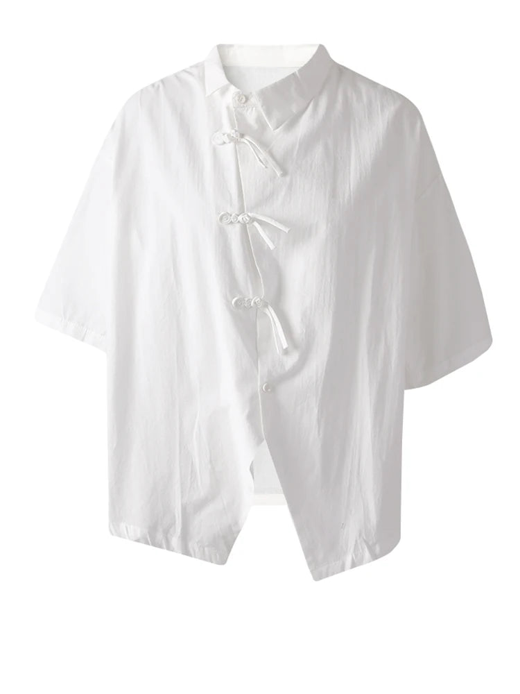 Women White Buckle Irregular Thin Big Size Blouse New Lapel Short Sleeve Shirt Fashion Tide Spring Summer 2025 CPG3164