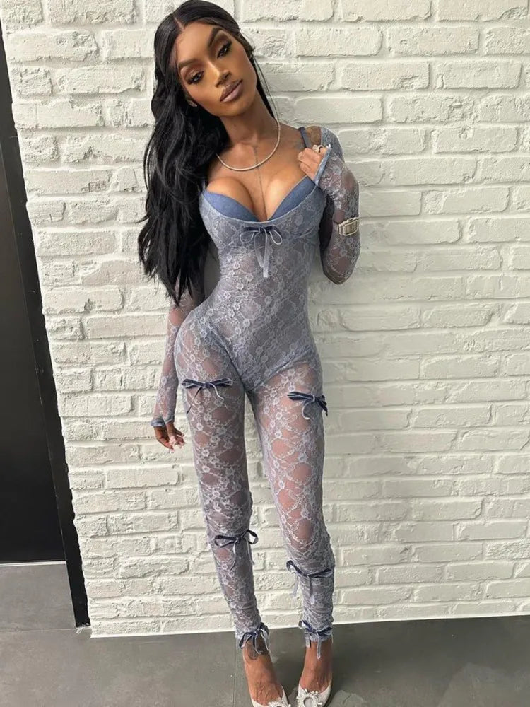 Sexy Lace Long Sleeved Deep V Jumpsuit For Women's Tight Fitting Print Transparent Female Romper Party Club Clothing