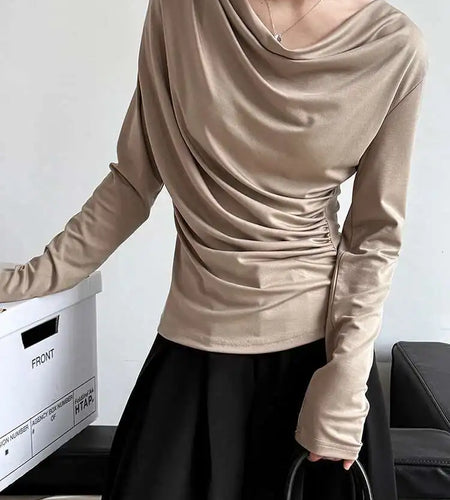 Women White Black Pleated Brief Elegant T-shirt New Round Neck Long Sleeve Fashion Tide Spring Autumn 2025  1DJ0277