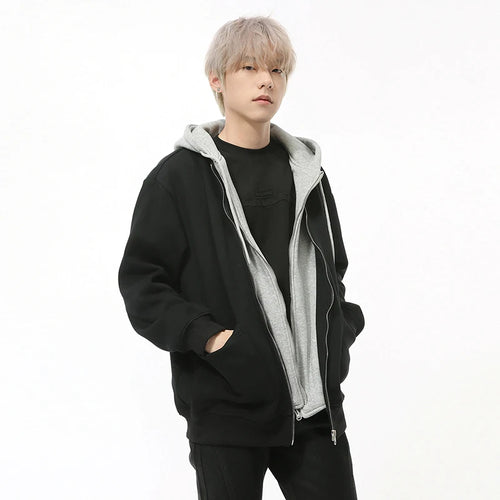 Load image into Gallery viewer, Fake Two-piece Men&#39;s Jackets Hooded Drawstring Casual Contrast Color Korean Style Loose Zipper Male Coats Fashion 9C9215
