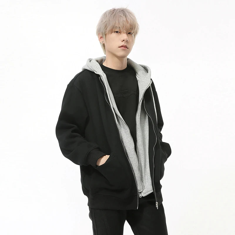 Fake Two-piece Men's Jackets Hooded Drawstring Casual Contrast Color Korean Style Loose Zipper Male Coats Fashion 9C9215