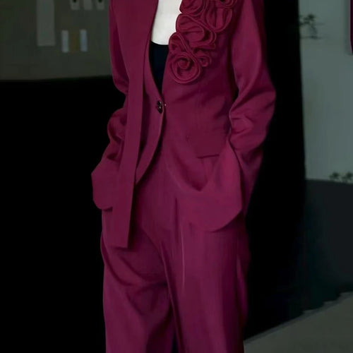 Load image into Gallery viewer, Elegant Two Piece Sets for Women V Neck Long Sleeves Spliced 3D Flower Blazer High Waist Wide Leg Pant Set Female
