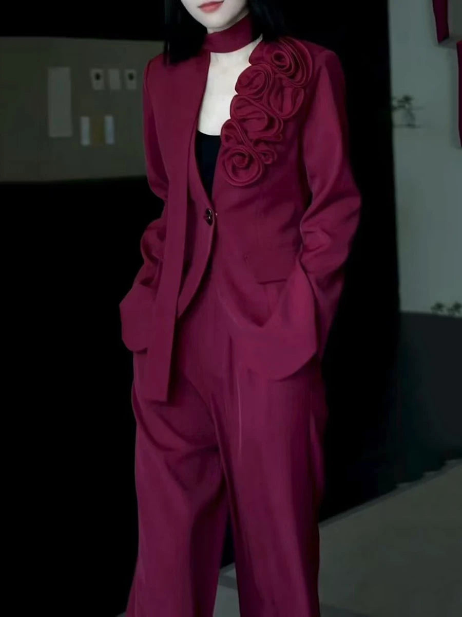 Elegant Two Piece Sets for Women V Neck Long Sleeves Spliced 3D Flower Blazer High Waist Wide Leg Pant Set Female