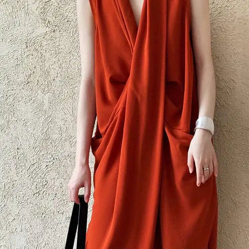 Load image into Gallery viewer, Women Orange Pocket Knot Elegant  Long Big Size Dress New V-Neck Sleeveless Fashion Tide Spring Summer 2025 1DH6380
