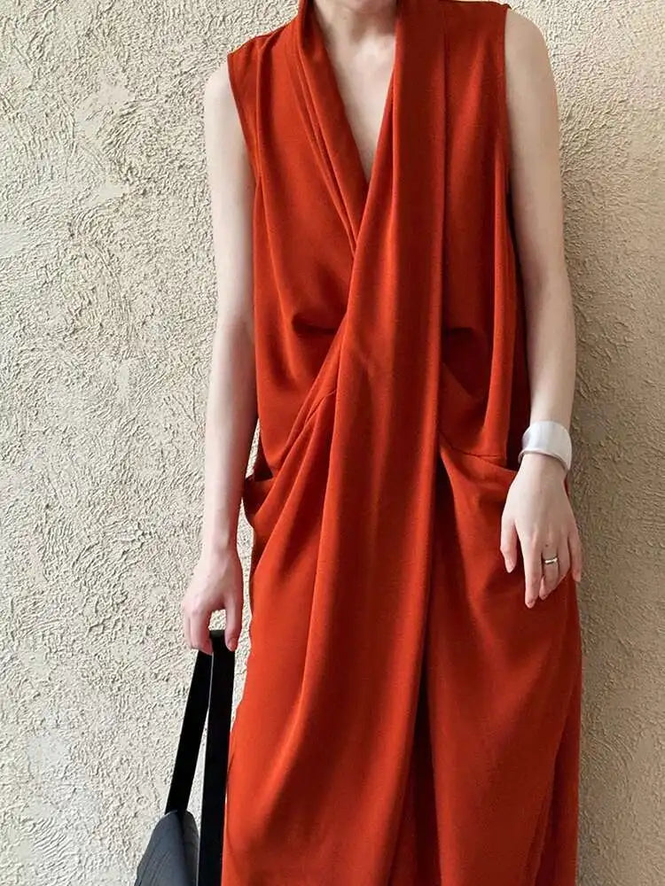 Women Orange Pocket Knot Elegant  Long Big Size Dress New V-Neck Sleeveless Fashion Tide Spring Summer 2025 1DH6380