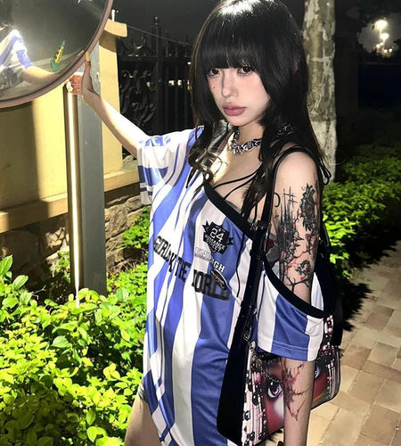 Y2k Aesthetics Oversized Casual Tshirts Women Vertical Stripe Harajuku T-shirt Letter Print Skew Collar Bandage Streetwear Tops