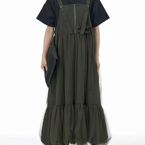 Load image into Gallery viewer, Women Green Mesh Spliced Big Size Bud Strap Dress New Square Collar Sleeveless Fashion Tide Spring Autumn 2025 1DJ1322
