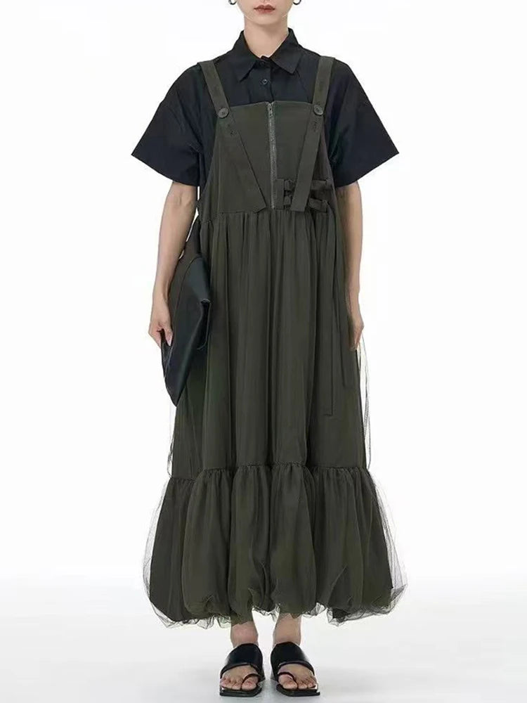 Women Green Mesh Spliced Big Size Bud Strap Dress New Square Collar Sleeveless Fashion Tide Spring Autumn 2025 1DJ1322