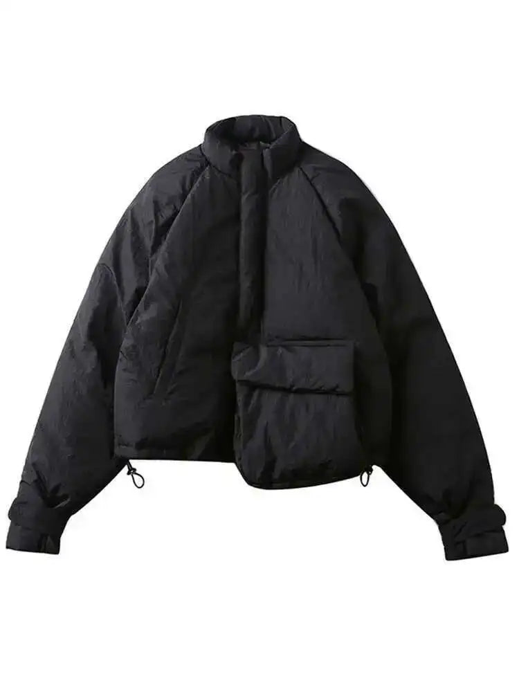 Spring Stand Collar Black Single Pocket Stitch Large Size Warm Cotton-padded Coat Women Jacket Fashion JI51