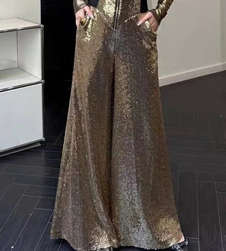 Slimming Spliced Sequins Fashion Long Pants for Women High Waist Patchwork Zipper Wide Leg Pant Female Clothing New