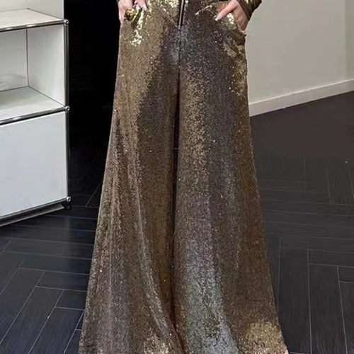 Load image into Gallery viewer, Slimming Spliced Sequins Fashion Long Pants for Women High Waist Patchwork Zipper Wide Leg Pant Female Clothing New
