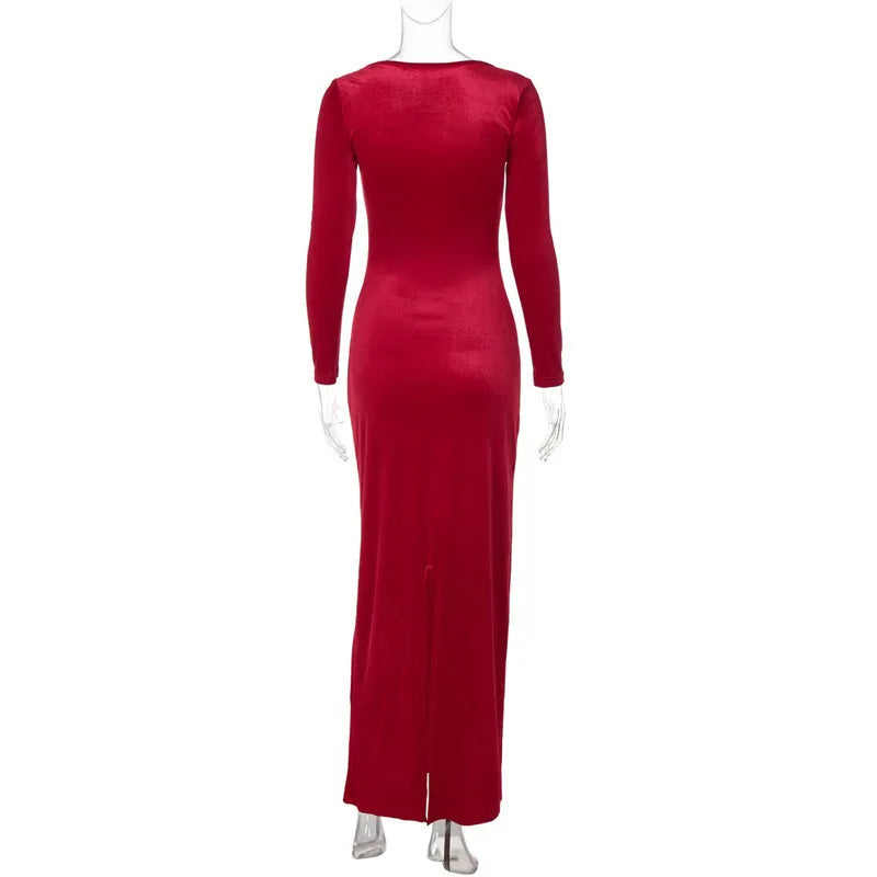 Velvet Long Sleeve Sexy Maxi Dress For Women Elegant V Neck Back Slit Bodycon Sexy Club Party Dress Clubwear Dresses