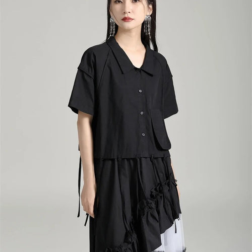 Load image into Gallery viewer, Patchwork tassel shirts for women lapel short sleeve spliced button casual solid blouse female fashion clothing
