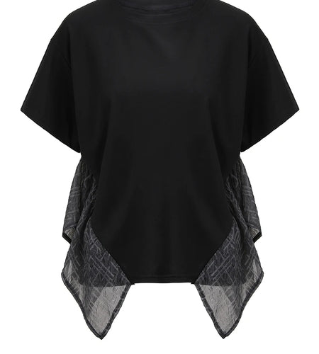 Women Black Irregular Spliced Big Size Casual T-shirt New Round Neck Short Sleeve Fashion Tide Spring Summer 2025 CPG1356