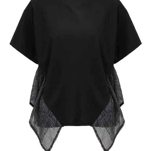 Load image into Gallery viewer, Women Black Irregular Spliced Big Size Casual T-shirt New Round Neck Short Sleeve Fashion Tide Spring Summer 2025 CPG1356
