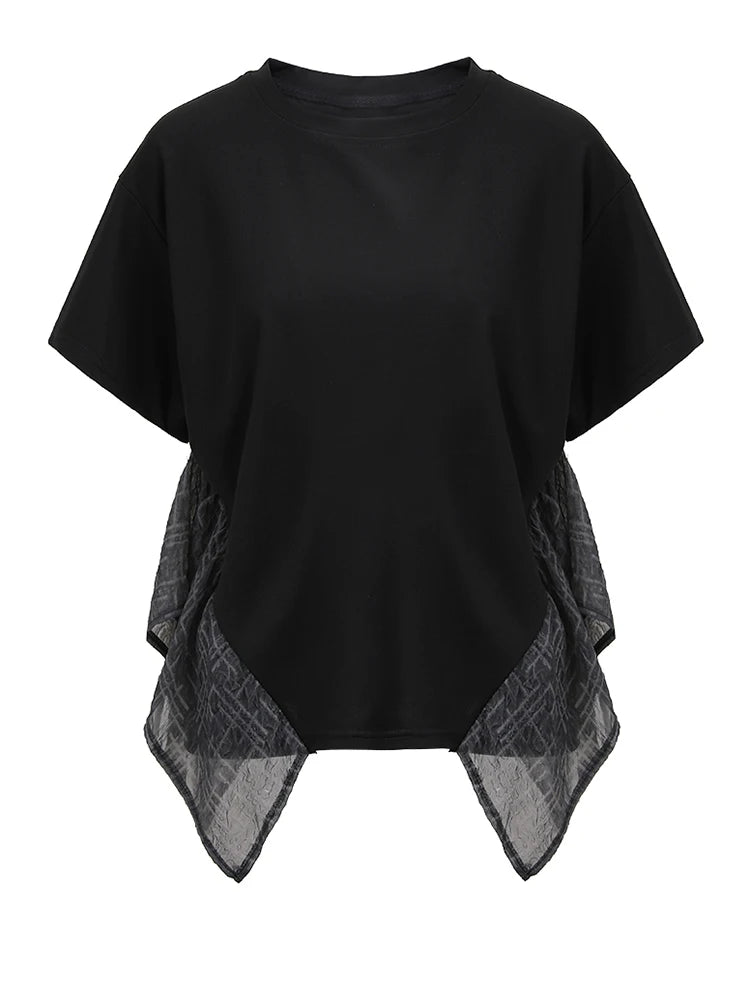 Women Black Irregular Spliced Big Size Casual T-shirt New Round Neck Short Sleeve Fashion Tide Spring Summer 2025 CPG1356