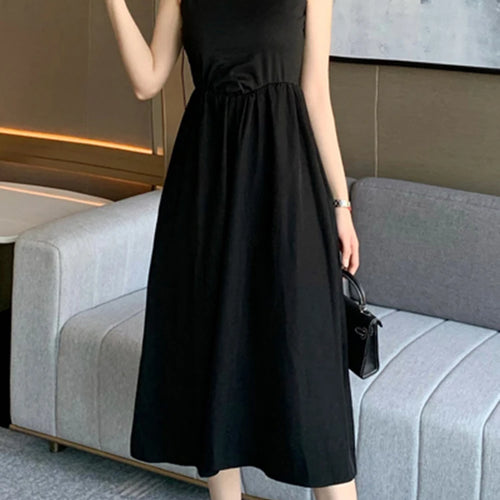 Load image into Gallery viewer, Black O-neck Sleeveless Simple Tank Dress Summer High Waist Slim Solid Color Women&#39;s Maxi Dresses Casual Office Ladies
