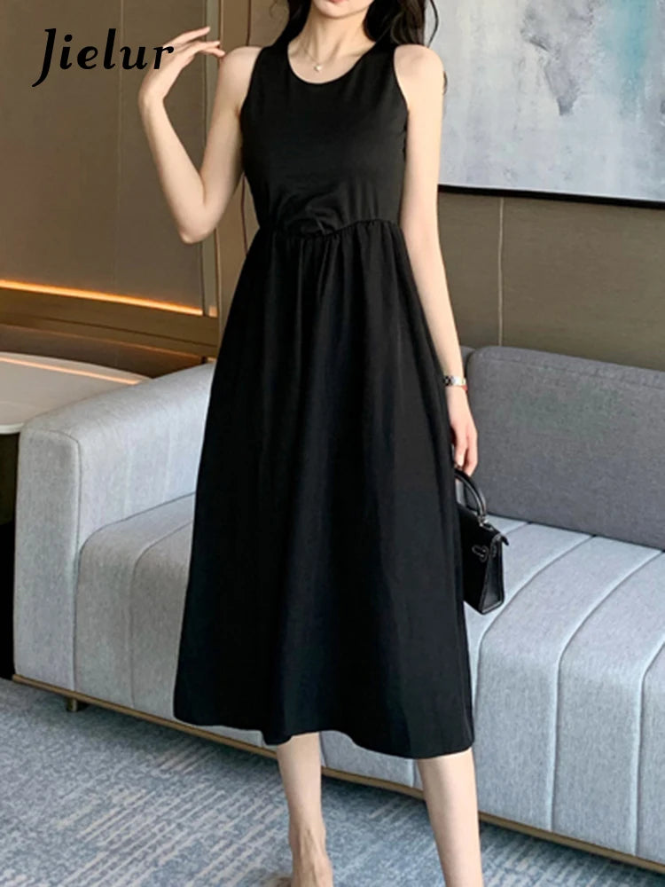 Black O-neck Sleeveless Simple Tank Dress Summer High Waist Slim Solid Color Women's Maxi Dresses Casual Office Ladies