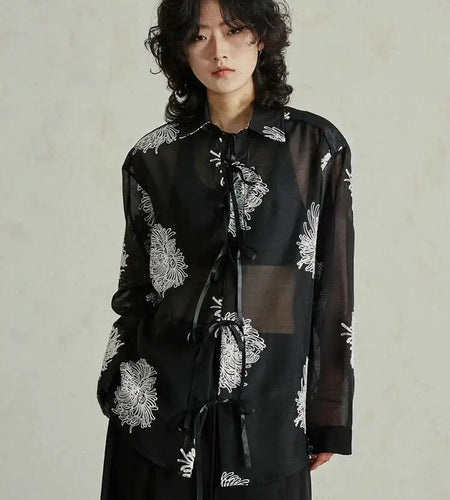 Women Black Printed Perspective Big Size Thin Blouse New Lapel Long Sleeve Shirt Fashion Tide Spring Autumn 2025 1DH4976