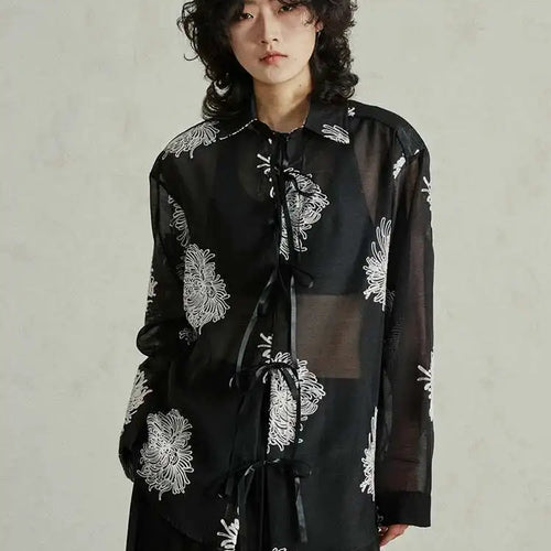 Load image into Gallery viewer, Women Black Printed Perspective Big Size Thin Blouse New Lapel Long Sleeve Shirt Fashion Tide Spring Autumn 2025 1DH4976

