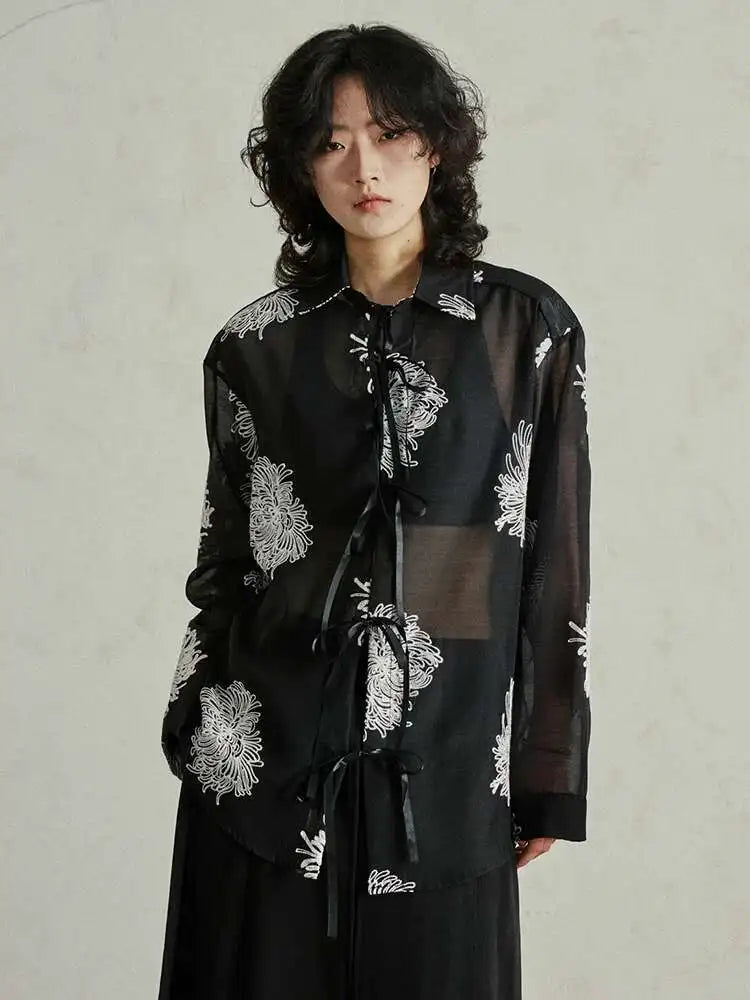 Women Black Printed Perspective Big Size Thin Blouse New Lapel Long Sleeve Shirt Fashion Tide Spring Autumn 2025 1DH4976