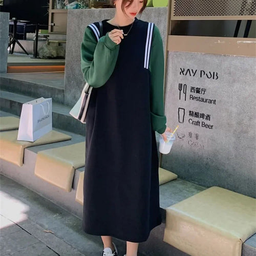 Load image into Gallery viewer, Korean Oversize Striped Patchwork Black Midi Dress Women Kpop Fashion Casual School Student Dresses Autumn Spring
