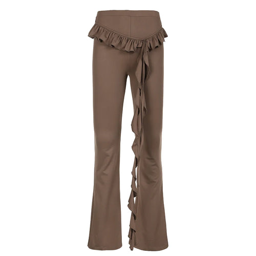 Load image into Gallery viewer, Streetwear Brown Skinny Ruffles Women Pants Solid Basic Harajuku Fringe Ruched Trousers Autumn Sweatpants Elastic New
