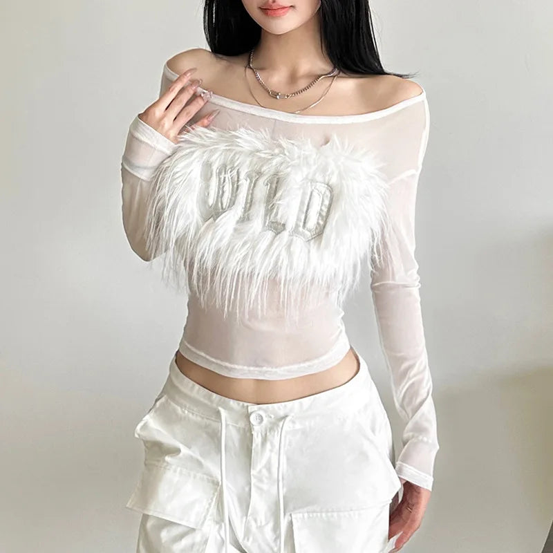 Y2k Aesthetic Vintage Fur Patchwork Tees Autumn Slim Streetwear Letter See Through Tshirts Women Harajuku Grunge Crop Mesh Tops