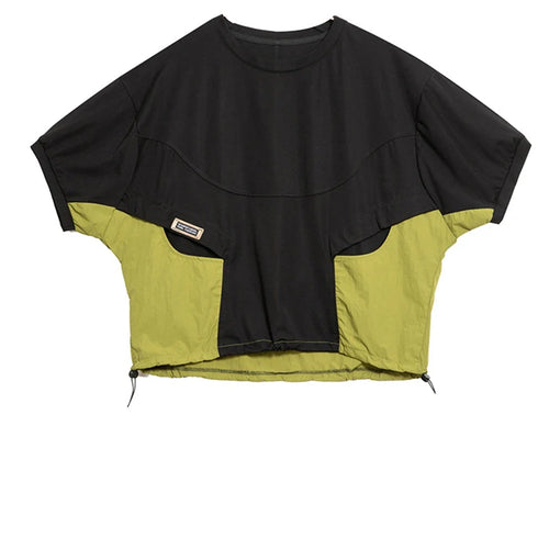 Load image into Gallery viewer, Women Green Color-block Drawstring Big Size T-shirt New Round Neck Half Sleeve Fashion Tide Spring Summer 2025 1DH9830

