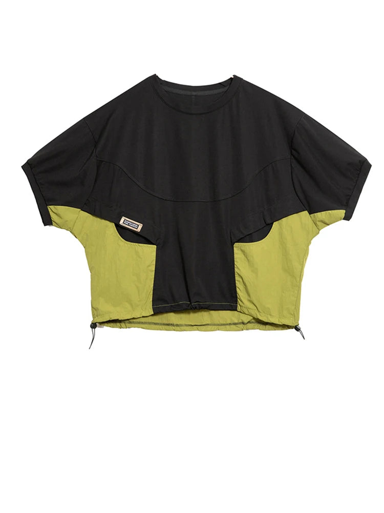 Women Green Color-block Drawstring Big Size T-shirt New Round Neck Half Sleeve Fashion Tide Spring Summer 2025 1DH9830