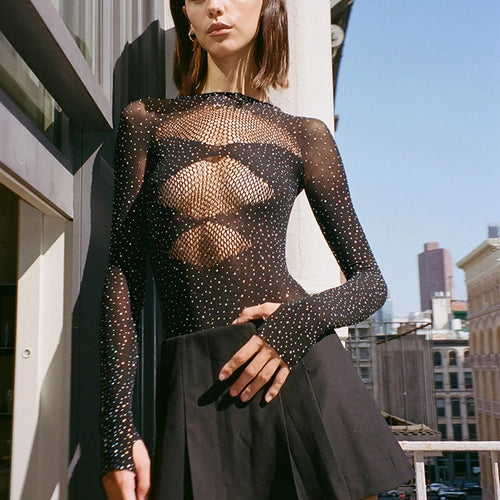 Load image into Gallery viewer, Sexy Mesh Hollow Out Long Sleeve Bodysuit Women Elastic Slim Perspective Shiny Jumpsuit Female Party Club Autumn 2023
