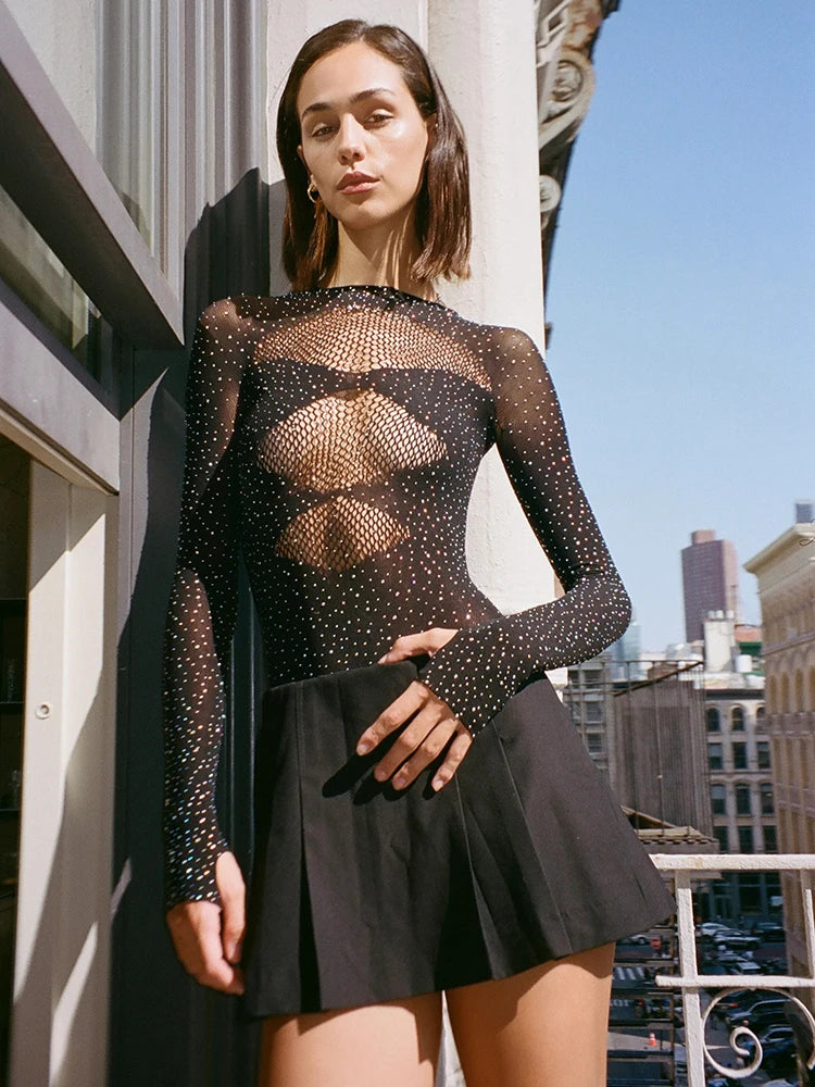 Sexy Mesh Hollow Out Long Sleeve Bodysuit Women Elastic Slim Perspective Shiny Jumpsuit Female Party Club Autumn 2023