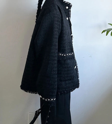 Black Nailed Elegant Big Size Tweed Jacket New Stand Collar Long Sleeve Women Coat Fashion Tide Spring Autumn 2025 1DH9562