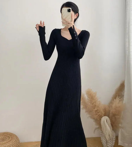 Women Autumn Beige Elegant Knit Long Dress Square V Neck Slim Bodycon Sweater Dress Winter Black Long Sleeves Dresses New French